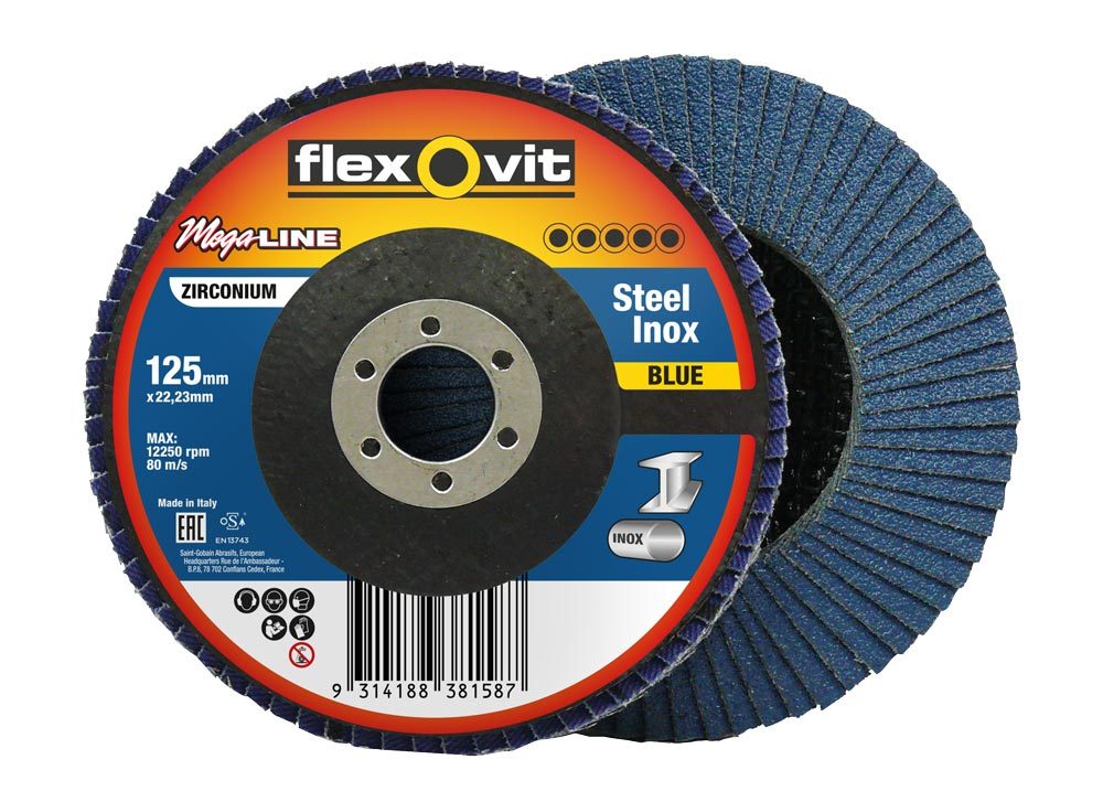 66261039225 Flexovit Megaline Blue Flap Disc New Label With Barcode